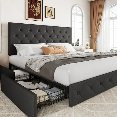 Allewie Upholstered King Size Platform Bed Frame with 4 Storage Drawers and Headboard, Diamond Stitched Button Tufted