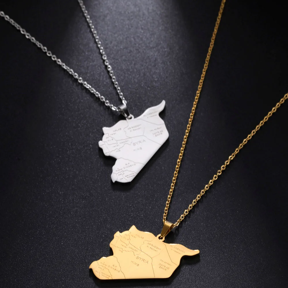 COOLTIME Stainless Steel Syria Map Flag Pendant Necklace for Women Men Charm Fashion Syrians Map Chain Jewelry Gift Wholesale