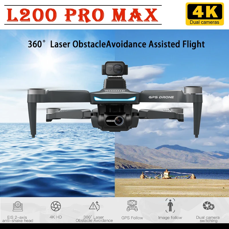 L200 PRO MAX Drone with 4K HD Dual Camera 2-axis Drone 360° Laser Obstacle Avoidance Brushless GPS 5G WIFI RC Quadcopter Toys