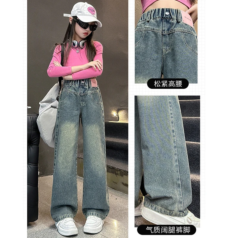 5-14 Jahre Frühling Herbst Mädchen-Jeans, modische Retro- und Vintage-Hose mit fünfzackigem Sternmuster und Stickerei, weit geschnittene Hose für Teenager-Mädchen – Detail 5