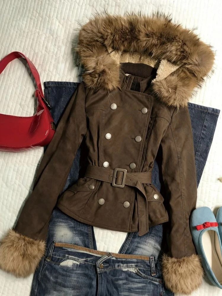 

British Style Vintage Brown Slim Wrap Coat Y2k Double Breasted Cinched Waist Fashion Jackets Design Sense New Winter Clothing