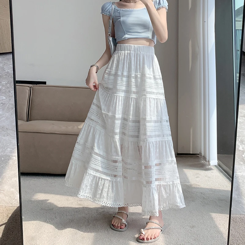 White Maxi Skirt Women 2024 Spring Summer Embroidery Flower Cut-out Semi Sheer Hollow Long Skirts For Women Lace Elegant Outfits