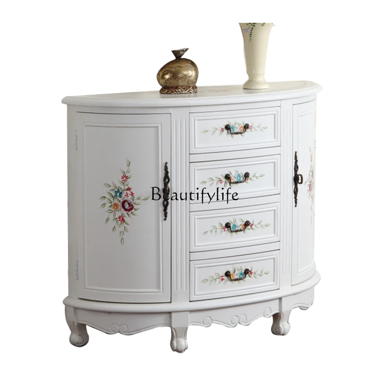 

Ivory white foyer cabinet porch, American porch table semicircle, European wall table, hand-painted rose decorative cabinet