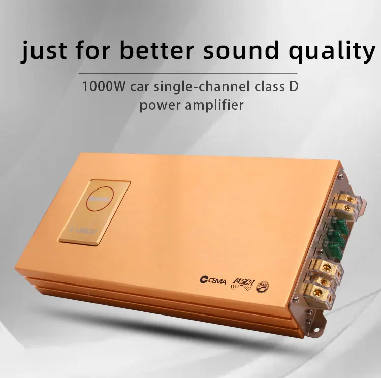 Brushed aluminum alloy K-1200.1D gold 1000W Professional High Power MONO 1-Ch Channel Class D Car Amplifier RMS 1000W@1Ω 600W@2Ω