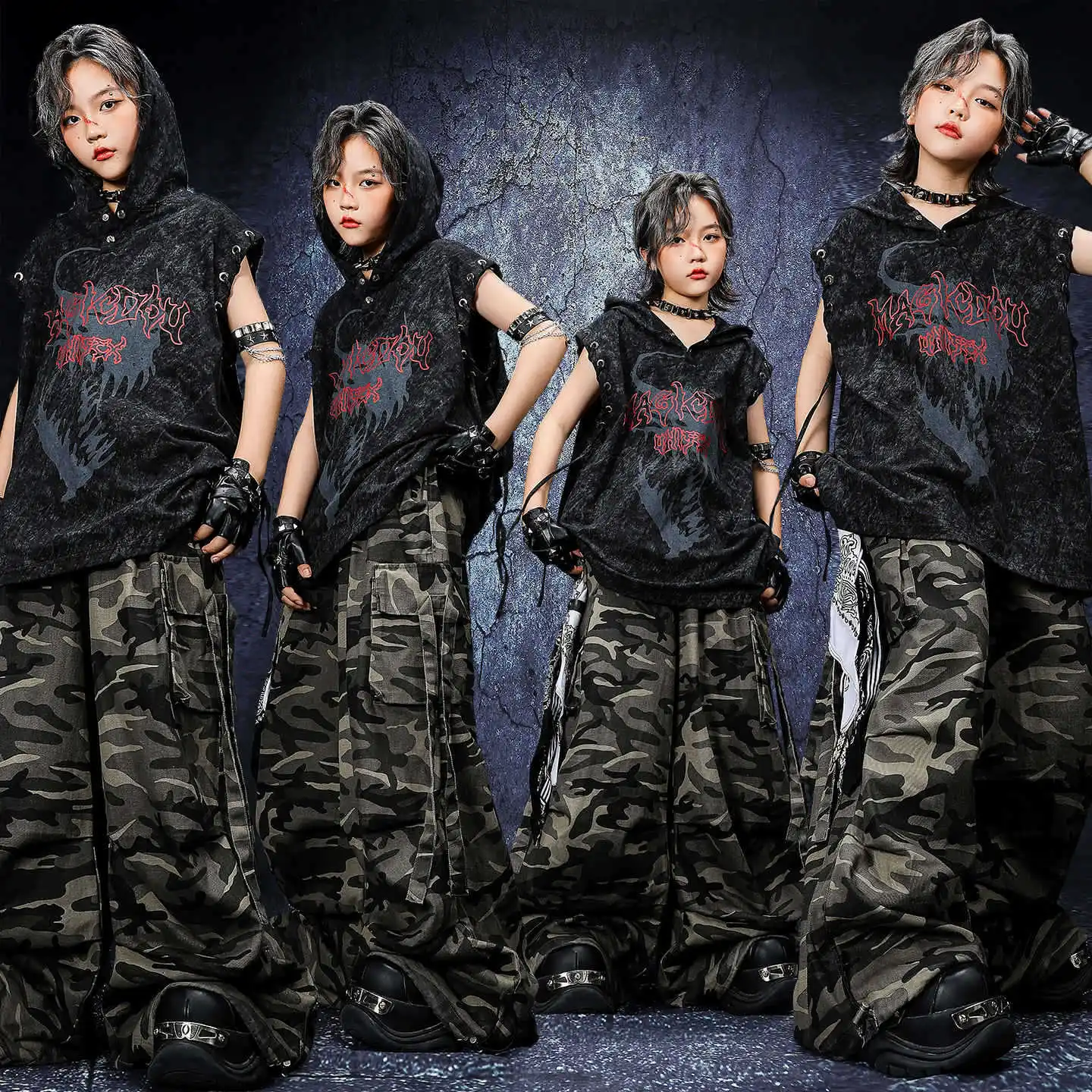 

Kid Kpop Hip Hop Clothing Black Print Hoodie Tank Top Camo Casual Strap Parachute Cargo Pants for Girl Boy Dance Costume Clothes