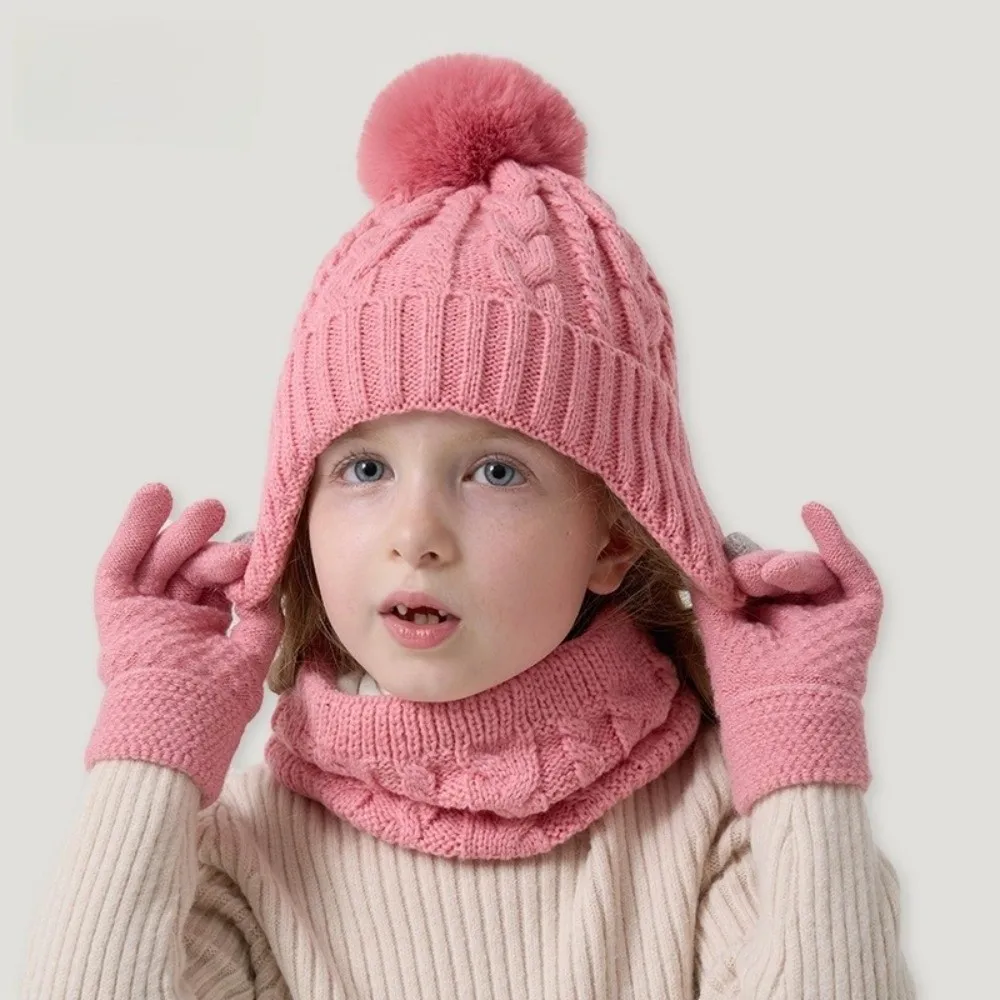 

Fashion Solid Color Baby Hat Scarf Gloves Set Cute Pompom Warm Ears Toddler Knitted Hats Keep Warm Thickened Hat Set Outdoor