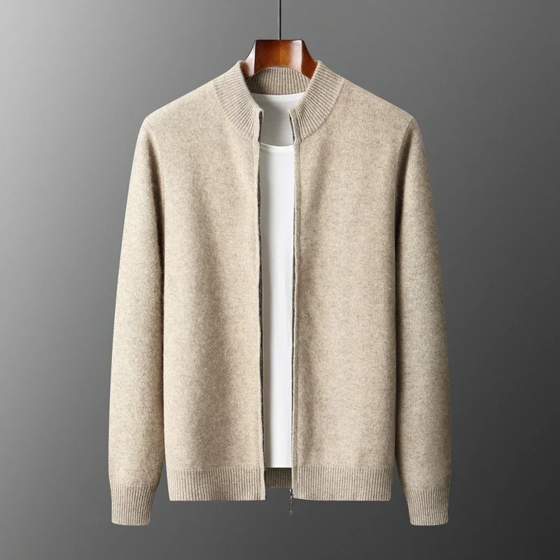 New Men's Warm Sweater Mock Collar Thickened Zippered Cardigan Autumn Winter Cashmere Knitted Long Sleeve Tops
