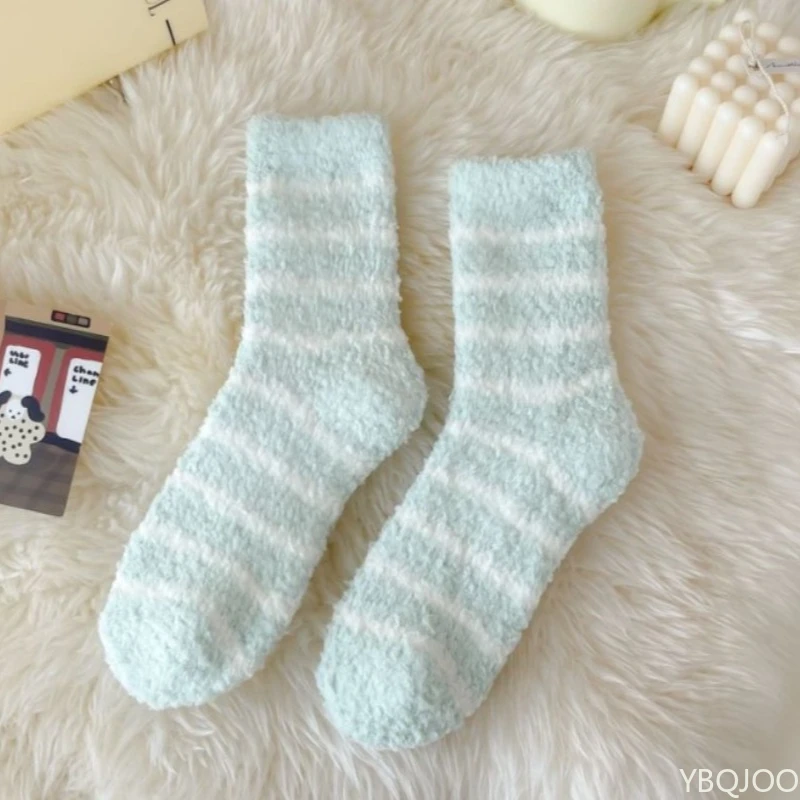 6 أزواج من الجوارب الحرارية النسائية السميكة شتاء دافئ مخطط المرجان الصوف رقيق بلون النوم السرير الجوارب رائجة البيع