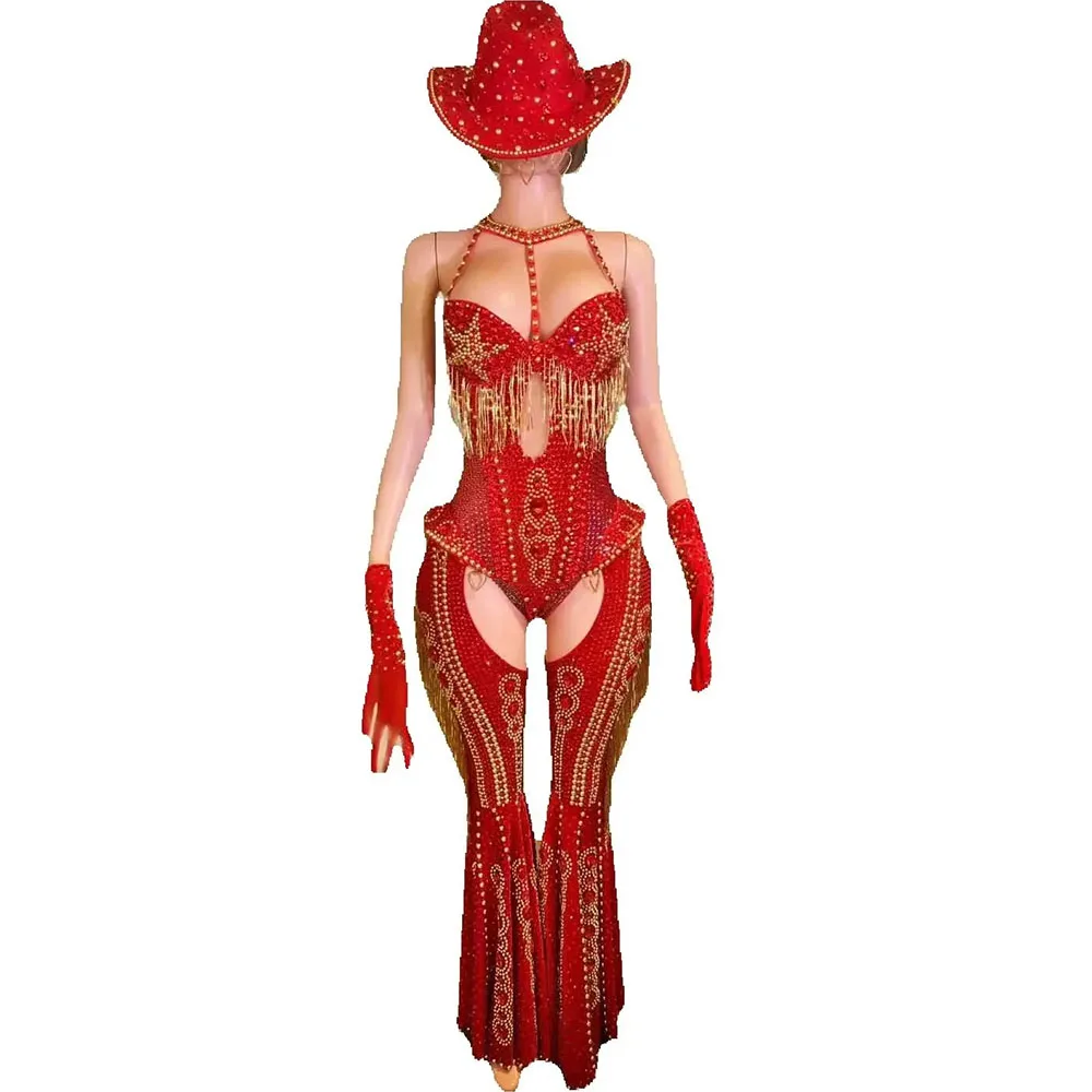 Frauen Sexy Sparkly Strass Rot Body 4 Stück Set Nachtclub Party Bühne Zeigen Outfit Kabarett Karneval Showgirl Bühne Tragen