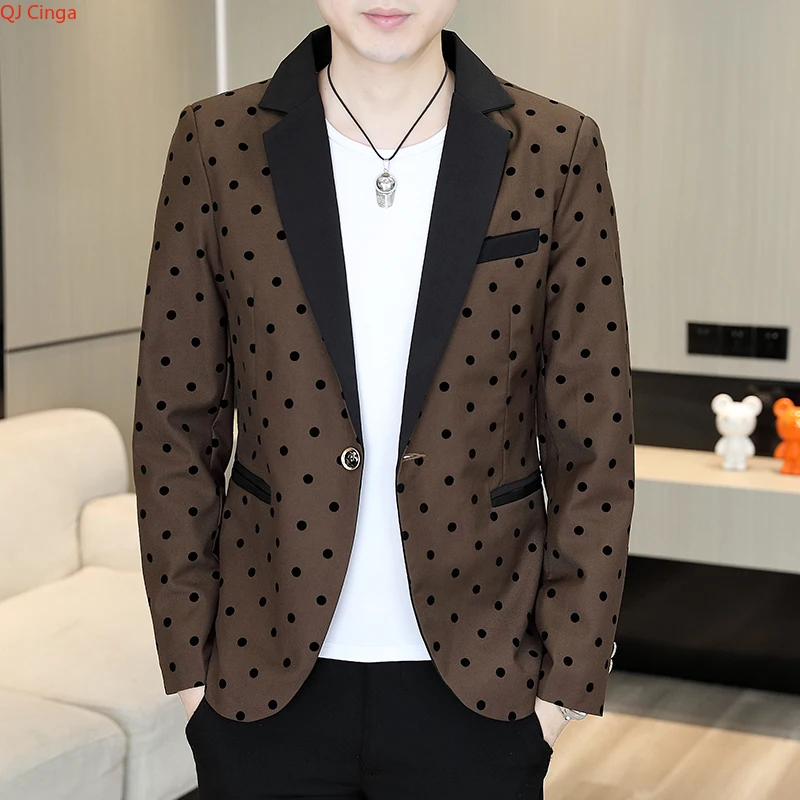 

2026 Новый мужской коричневый пиджак с длинными рукавами, украшенный узором в горошек, верхняя одежда, азиатские пиджаки узкого кроя.