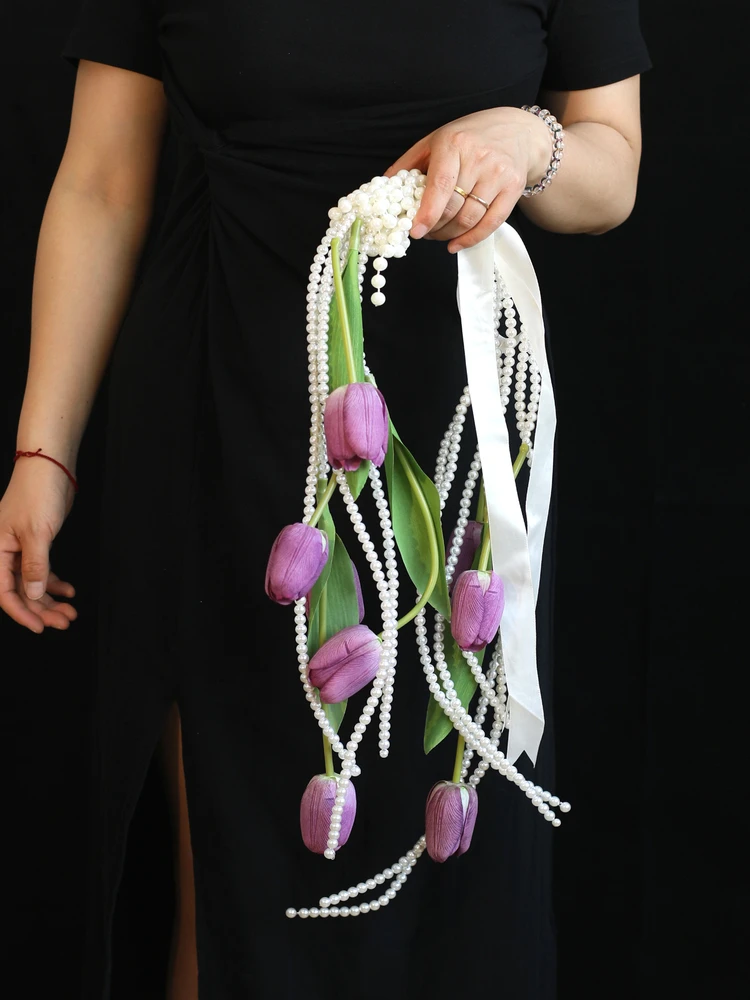 Original Design Handheld Tulip Pearl Cascade Bridal Bouquet Wedding Photo Studio Photography Simplicity Handmade Fabric Flowe...