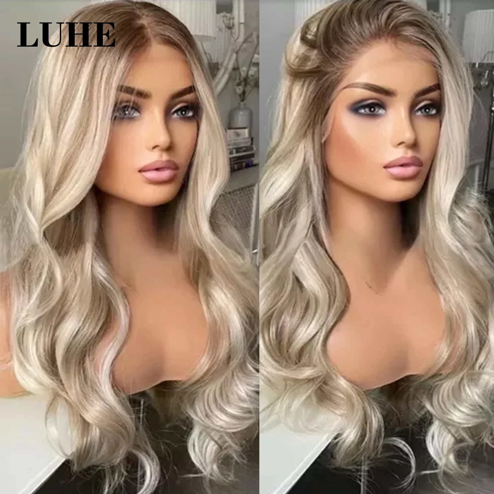 Ombre Ash Blonde Hoogtepunten 13x3 Synthetisch Haar Kant Voor Pruiken voor Vrouwen Bruine Wortels Natuurlijke Golf Kant Frontale Pruik Dagelijks gebruik