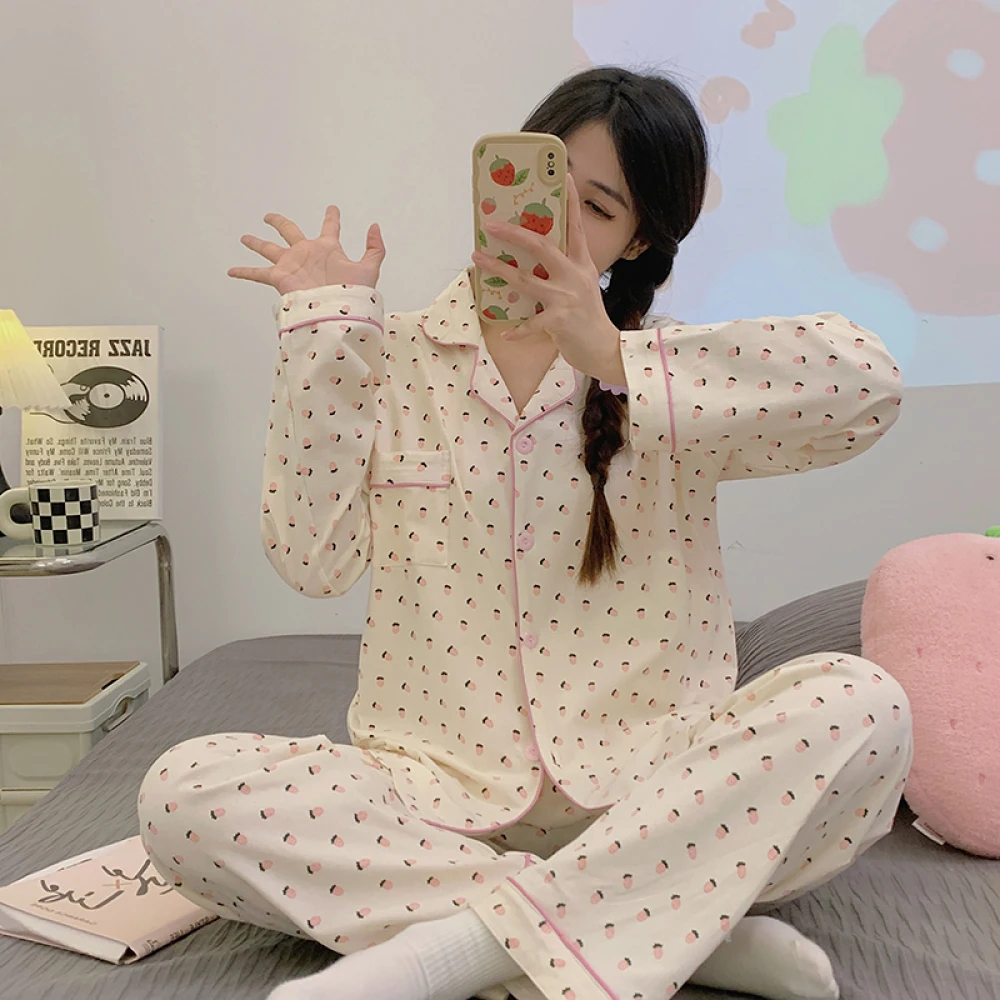 Sweet Cartoon Print Women\'s Pajama Sets Korean Fashion Cute Kawaii Graphic Sleepwear for Sleeping Spring Autumn Women\'s Pajamas