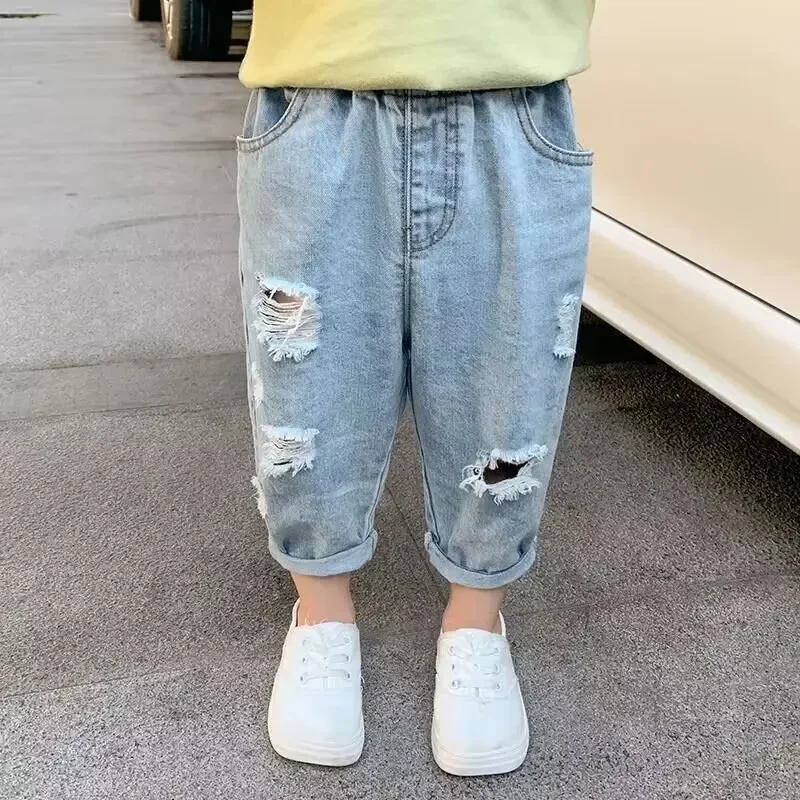 Summer Children\'s Ripped Jeans Pant 2024 Spring and Autumn Clothes Boys Casual Loose Pants Girls Baby Loose Trousers Thin