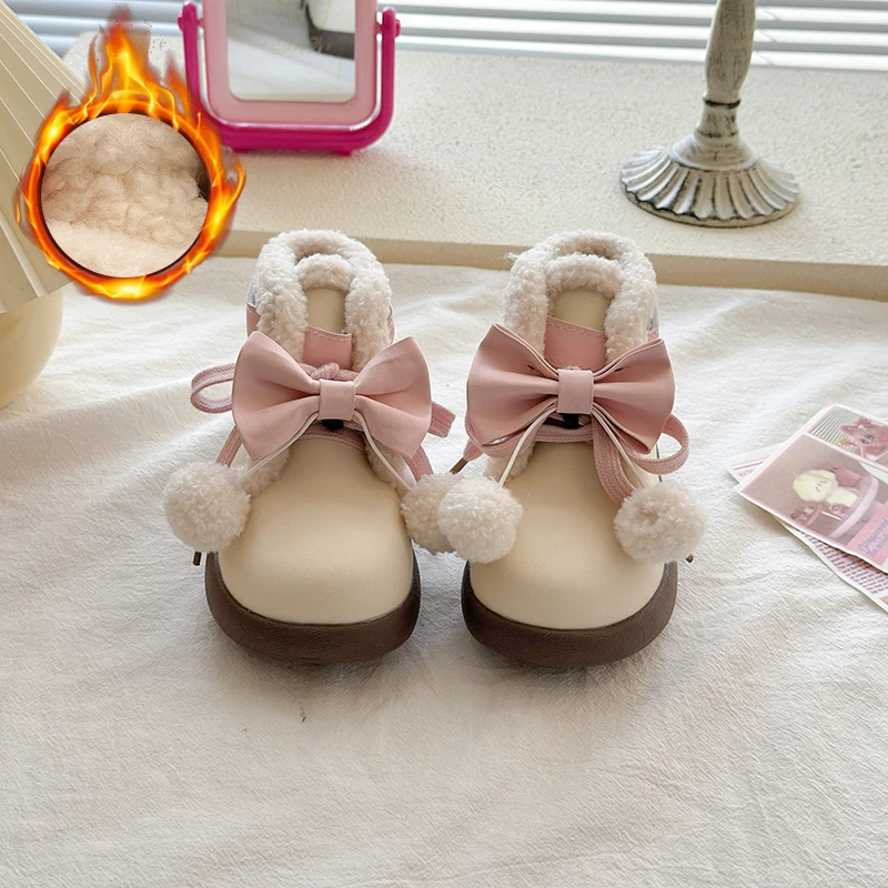 الفتيات الأميرة الأحذية مع الأقواس الكبيرة الحلو الاطفال الأحذية الجلدية لينة أسفل 2025 شتاء جديد الأطفال حذاء من الجلد أنيقة للفتيات #1