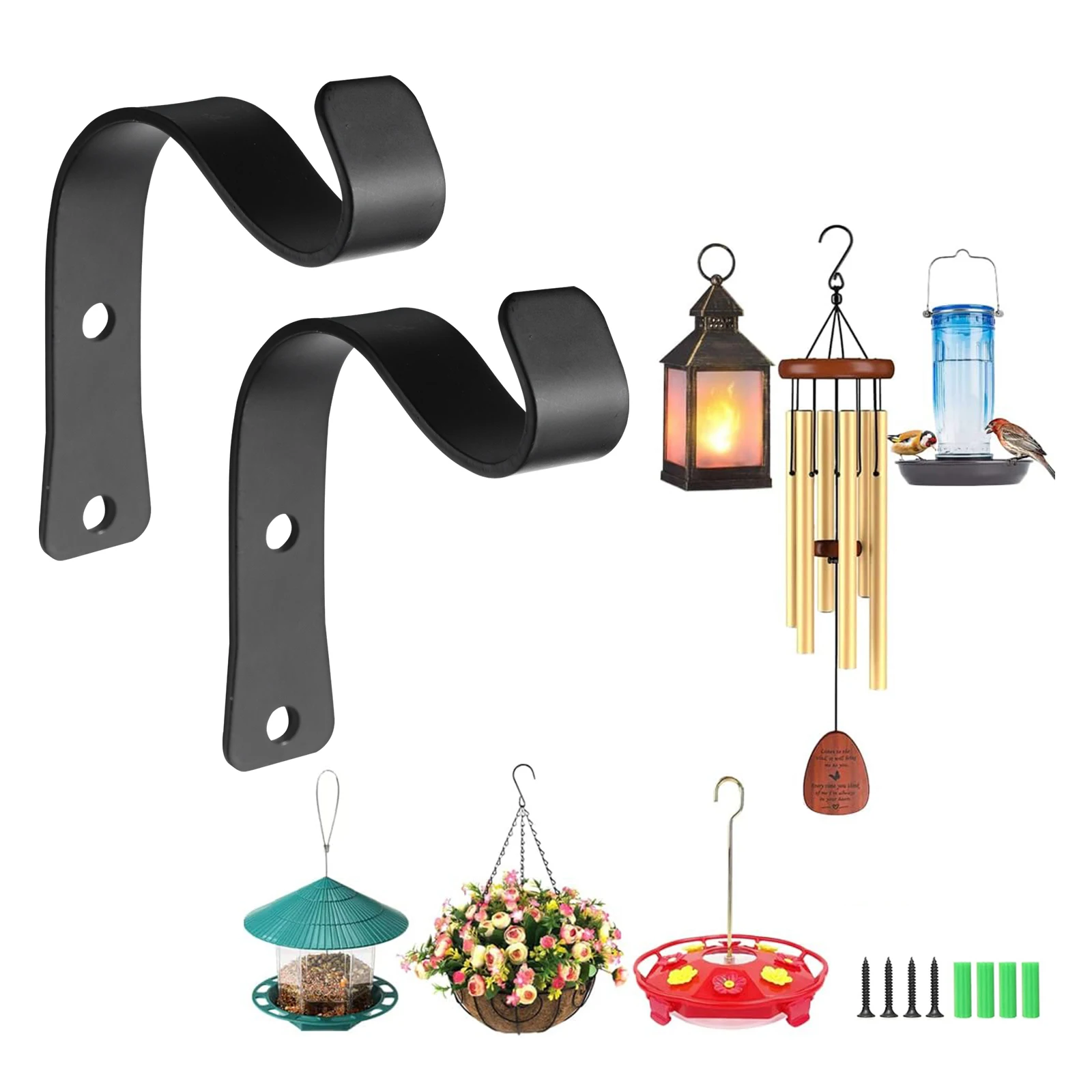 2PCS Minimalist Black Wall Mounted Iron Hook (S-Shaped) for Hanging Clothes, Baskets, and Plants, with Self Tapping Screws.