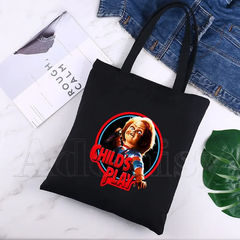 Chucky-Sac à provisions réutilisable imprimé pour femme, sacs fourre-tout en toile, sac à soupe d'impression, sac shopper de dessin animé, sacs initiés, noir