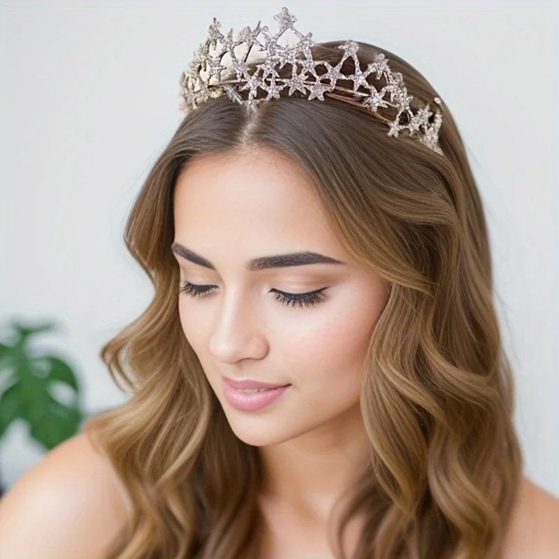 Trendy Rose Gold Silver Color Crystal Tiaras Crowns Stars Princess Queen Diadems Wedding Bridal Hair Accessories