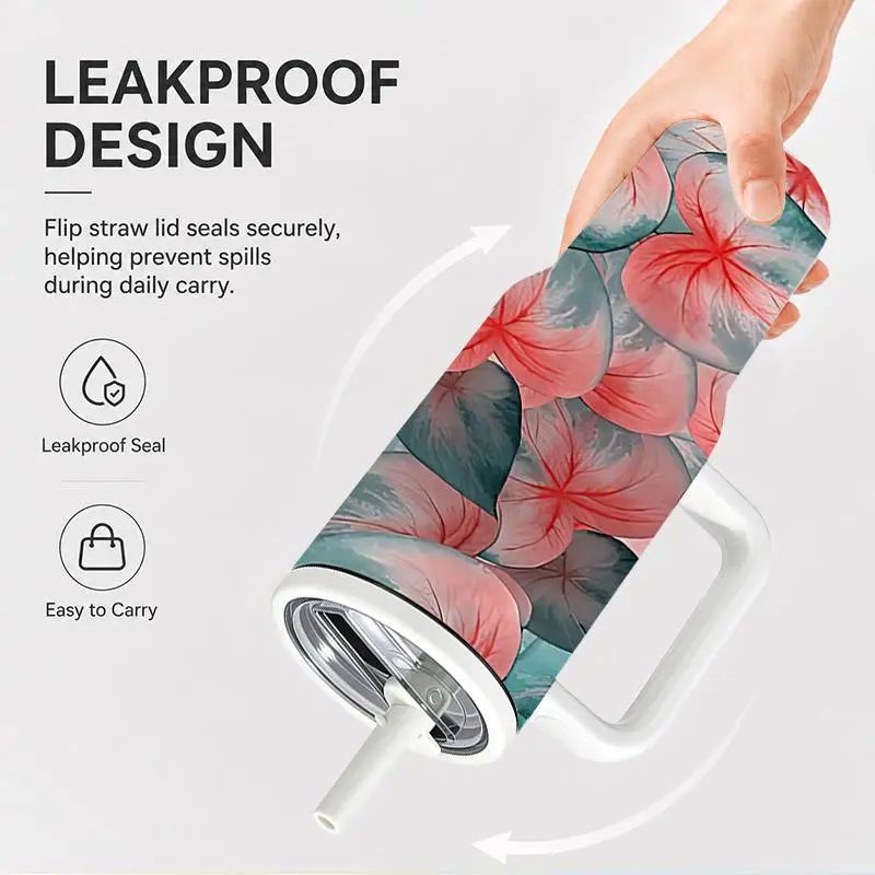 1pc 40oz 304 Stainless Steel Hand-held Cup Red And Teal Tropical Floral Pattern Print Insulated Tumbler with Handle And Straw for Home Kitchen Office Outdoor Travel Camping Suitable Gifts for Halloween Christmas And Other Special Festivals