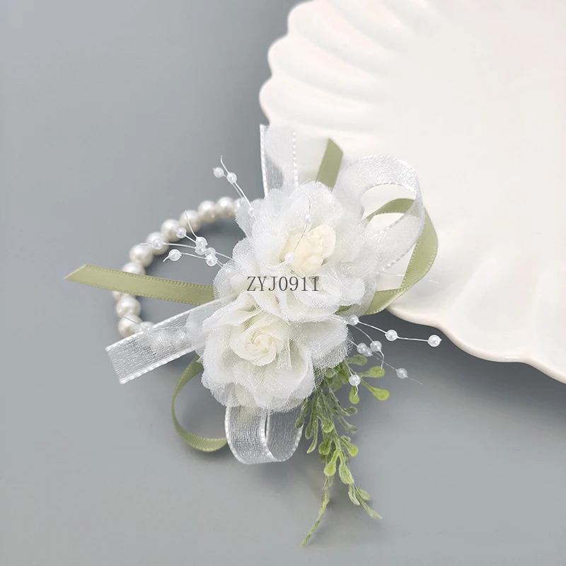 * สาวเพื่อนเจ้าสาวข้อมือ Corsage เจ้าสาวพรหมปาร์ตี้ Boutonniere ซาติน Rose Pearl สร้อยข้อมือผ้ามือดอกไม้งานแต่งงานอุปกรณ์เสริม