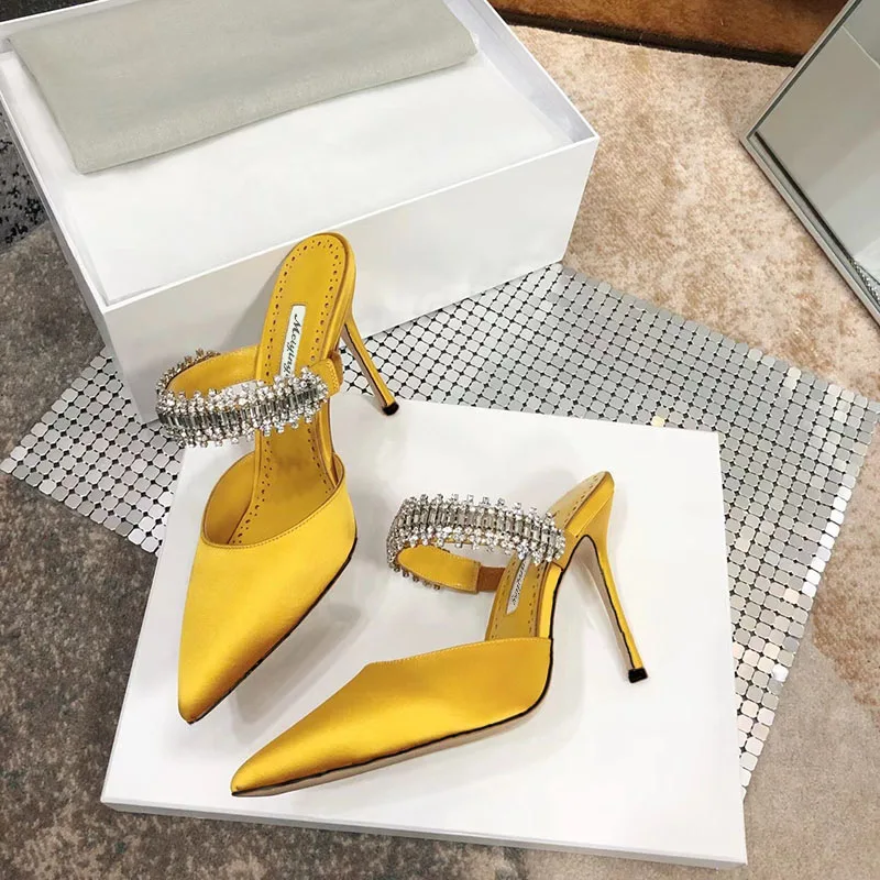 Women\'s 2022 Pump Summer New Rhinestone Chain Slippers High Heels Stiletto Pointed Shallow Mouth Silk Sandals Outer Wear