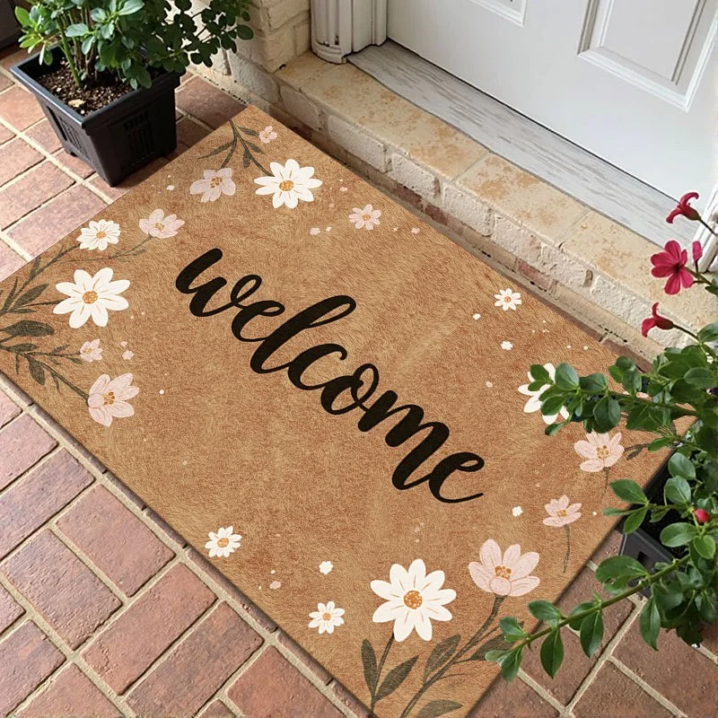 VIKAMA Welcome Daisy Floral Brown Spring Flower Art Crystal Velvet Door Mat Non Slip Entryway Bedroom Living Room Home Decor
