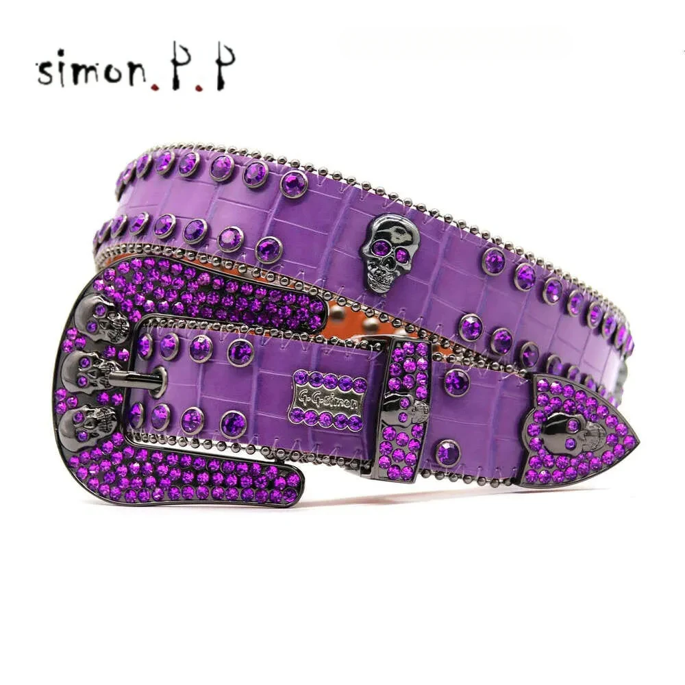 Purple Crystal Studded Diamond Belt Luxury Brand Vintage Western Cowgirl Cowboy Rhinestones Bling Bling Belts for Unisex 829