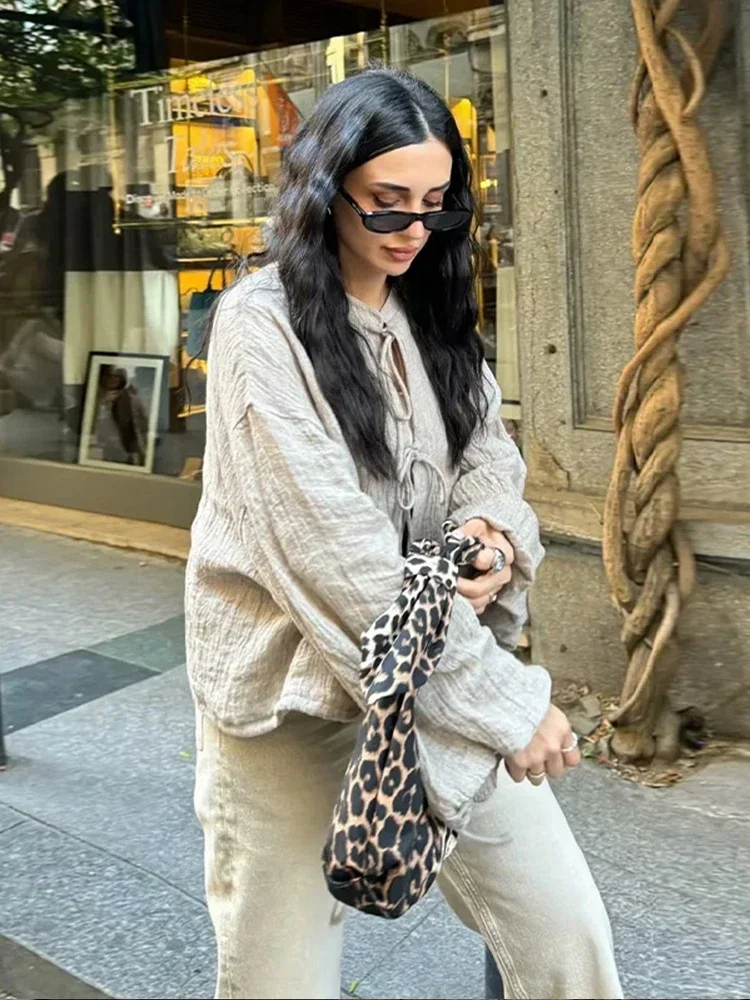 Abrigo de lino y algodón con cordones para mujer, abrigo holgado de manga acampanada con cuello redondo, ropa de calle informal para viaje, Primavera