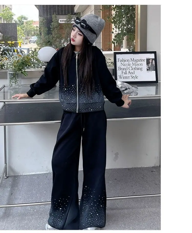 

Girls Hood + Trousers Two-piece Suit Long-sleeved Sweater with Fashionable Loose Pants Suit OuterWear Spring and Autumn