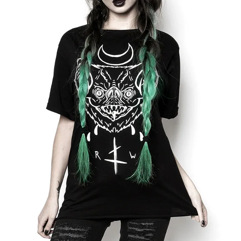 Dark Gothic Shirt Women Short Sleeve Shirt 2024 New Blood Thirsty Batface Print Black T shirt Punk Female Summer Tops