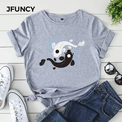 JFUNCY  Women Cotton T Shirt Tai Chi Yin Yang Fish Print Loose Tee Short Sleeve Woman Casual T-shirt Summer Female Tops