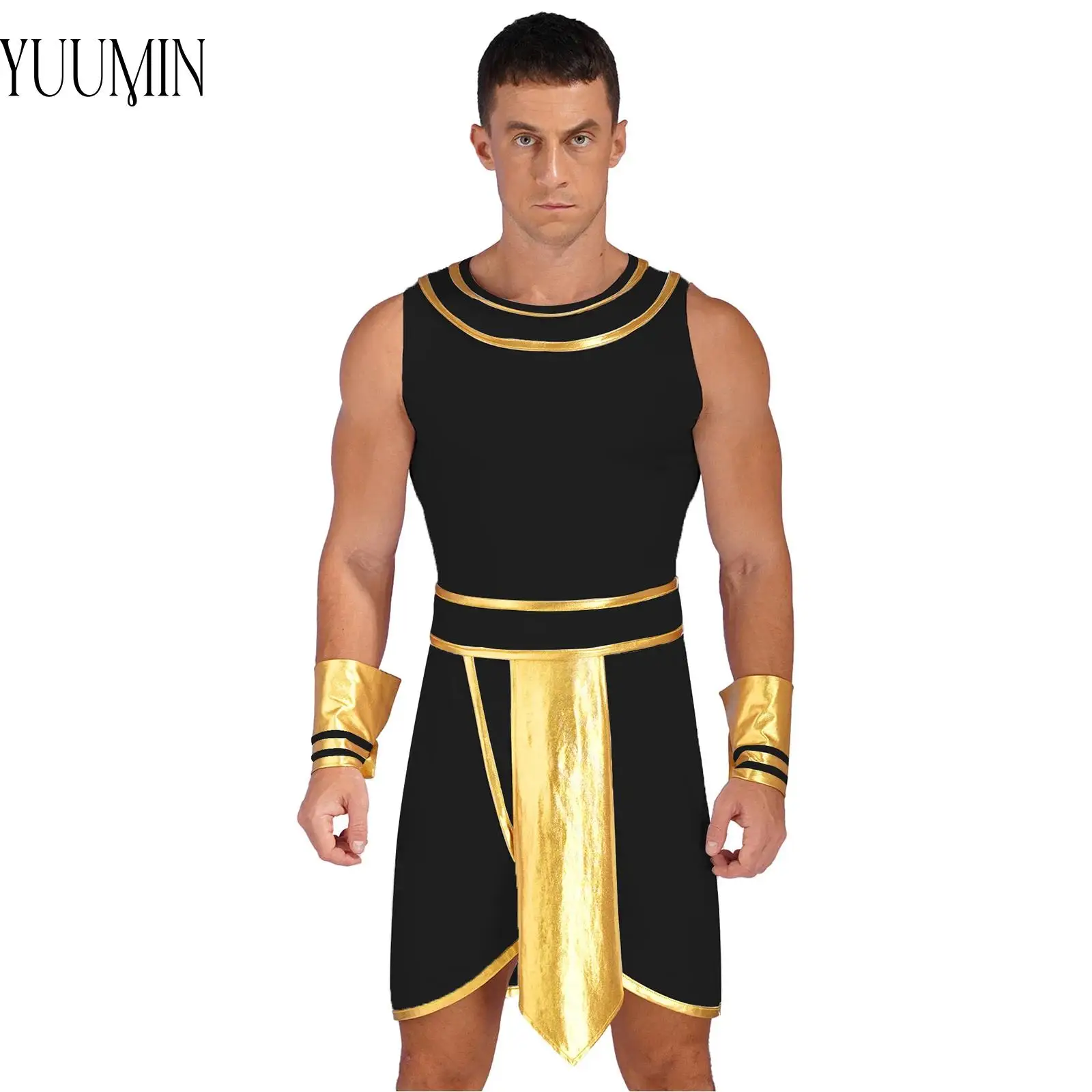 

Mens Ancient Egypt Role Play Outfit Patchwork Round Neck Sleeveless Dress with Cuffs Egyptian Pharaoh Halloween Cosplay Dresses