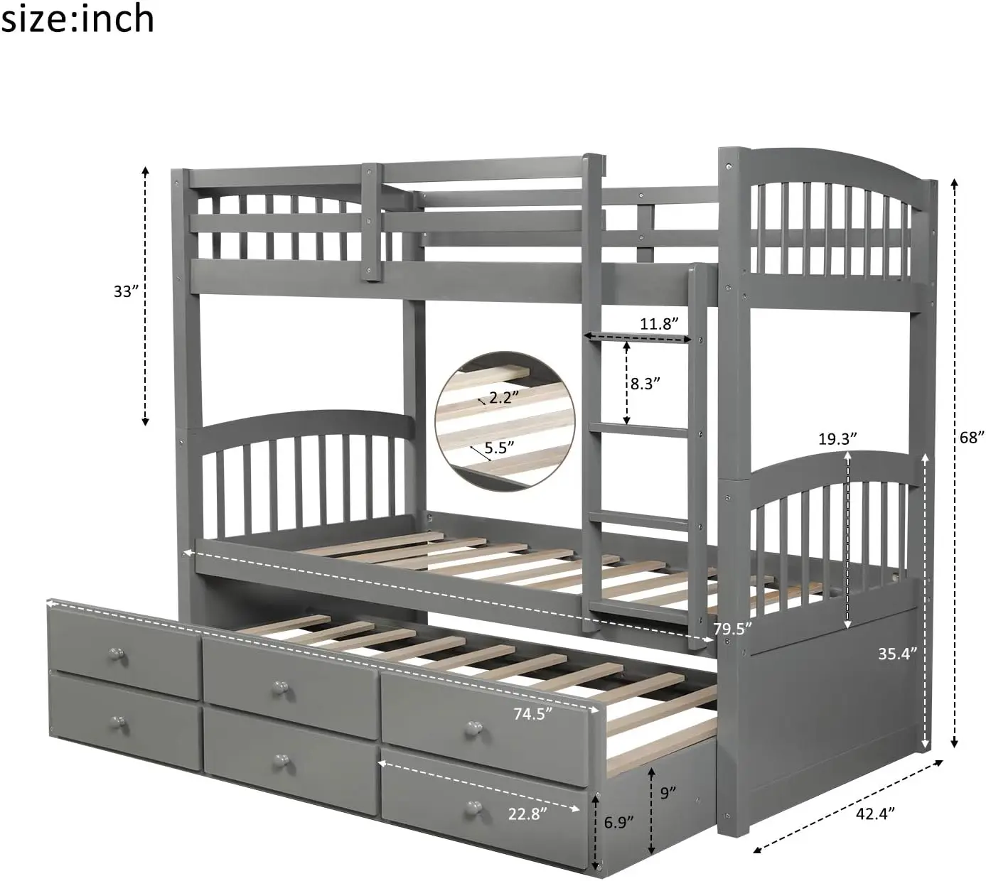 P PURLOVE Solid Wood Bunk Bed Twin Over Twin Bunk Bed with Trundle Bunk Bed with Three Storage Drawers with Safety Guard Rail