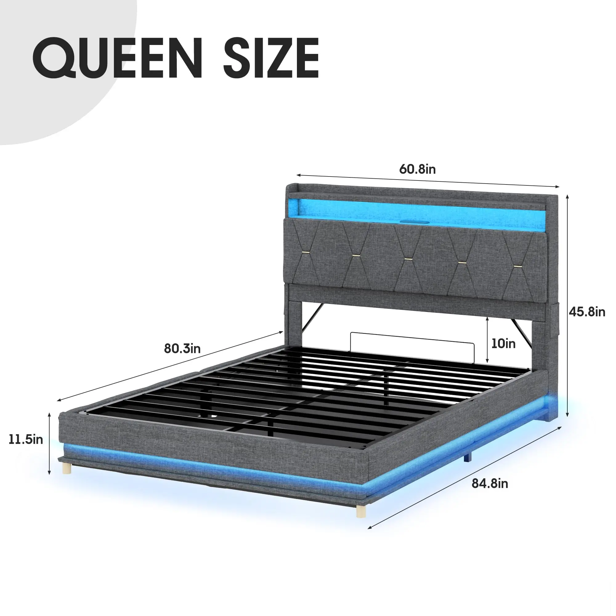 Vabches Lift Up Bed Frame com cabeceira de armazenamento e tomada de energia, luzes LED Estrutura de cama de plataforma estofada para quarto sem ruído