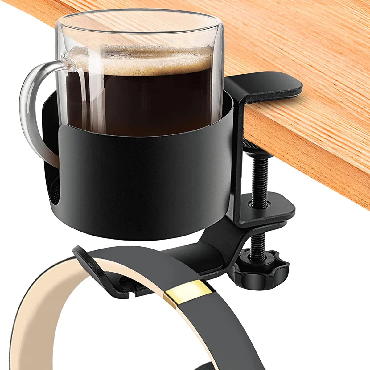 Desk Cup Holder 2 in 1 Desk Cup Holder with Headphone Hanger 360-Degree Rotation Adjustable Arm Clamp Headset Hook Bottle Holder