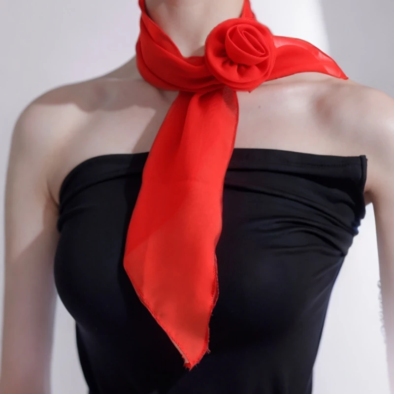 French Silk Scarf for Female with Detachable Rose Flower Party Neck Scarf Drop Shipping