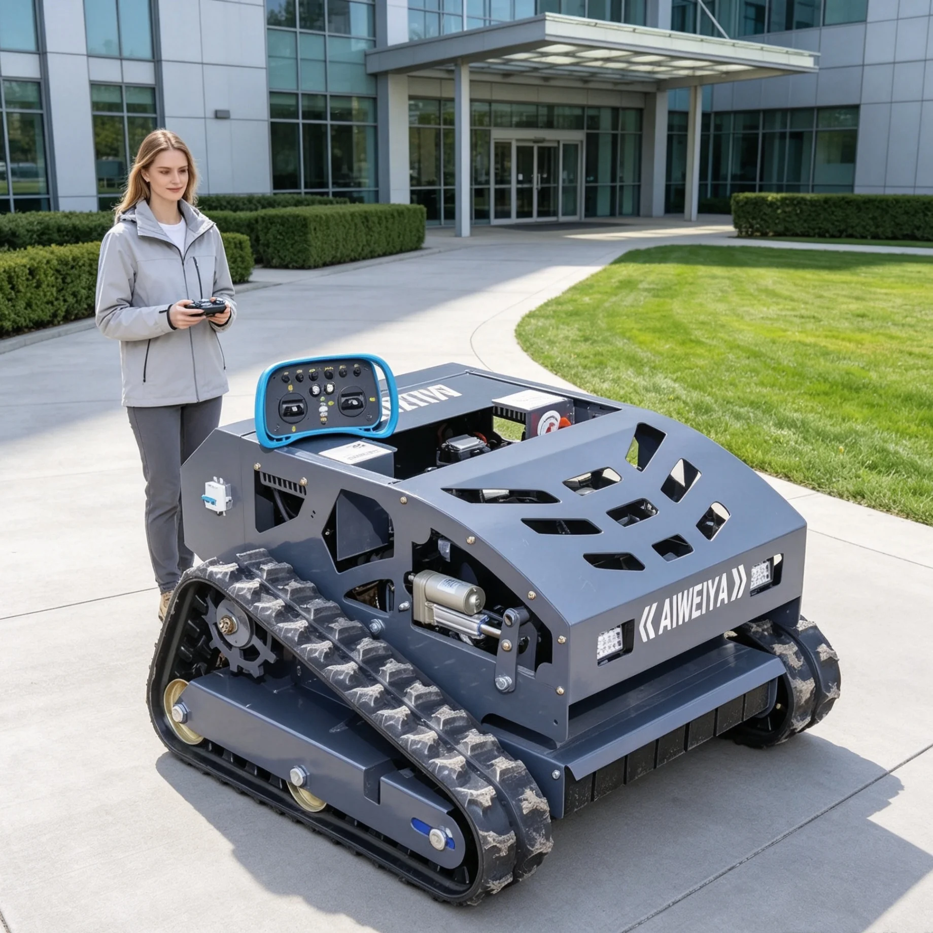 Customized 550H wireless lawn mower robot with optional industrial wireless remote control and expandable storage rack, ideal