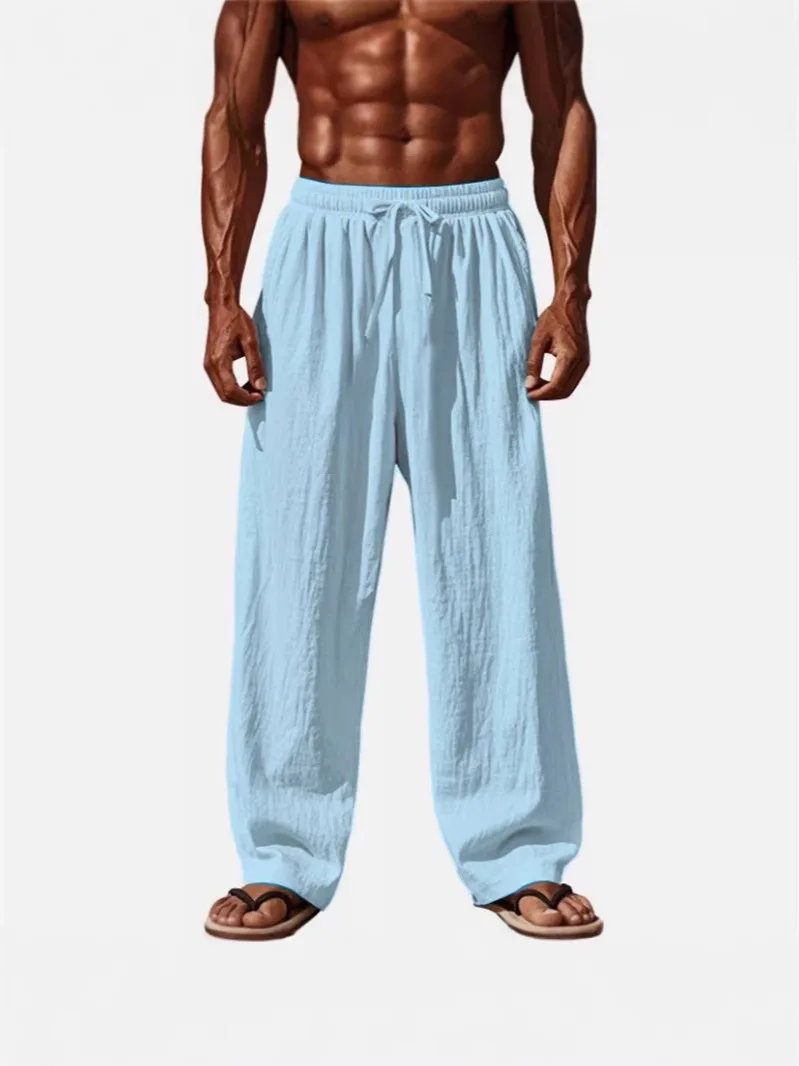 

2026 Men Cotton Linen Pants Summer and Autumn Solid High Waist Wide-Leg Trousers Male Loose Hemp Casual Breathable Sports Pants