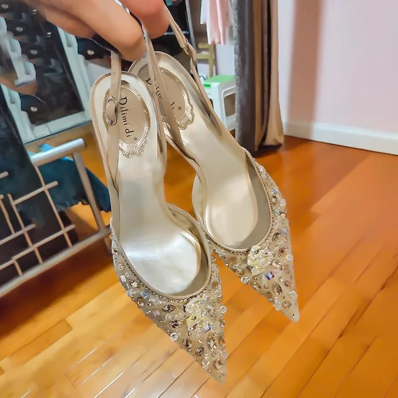 Spring and summer new pointed rhinestone beaded lace mesh shoes thin high-heeled banquet dress small size women\'s sandals