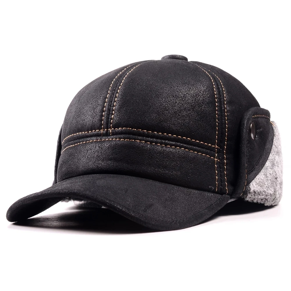 Male Winter Genuine Leahter Suede Bomber Hat Man Nubuck Thick Head Warm Dome Caps Elder Black/Brown sewing Fitted Gorras