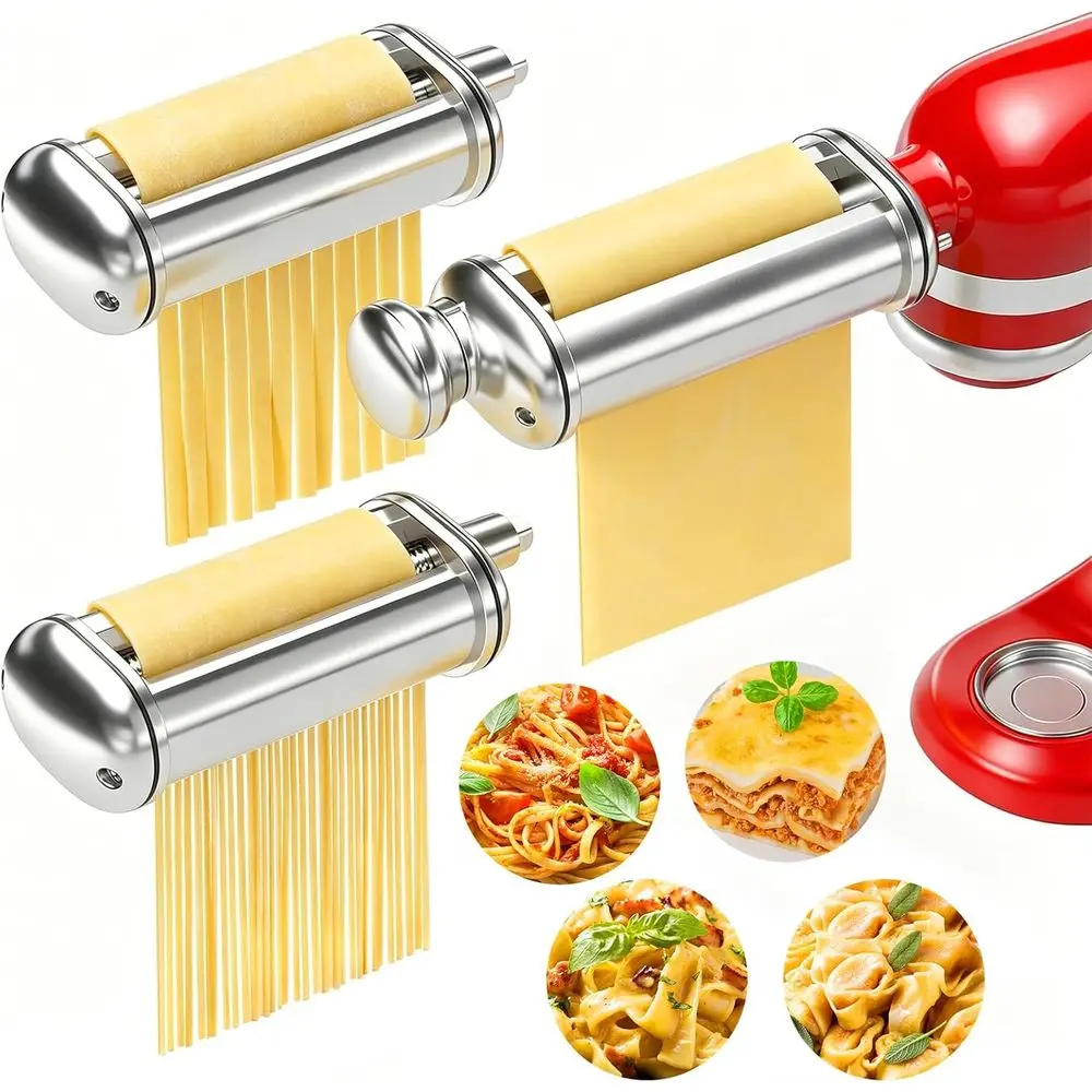 

Stainless Steel Pasta Maker Attachment Set for Stand Mixers, Including Spaghetti and Fettuccine Cutters, 8-Setting Pasta Roller