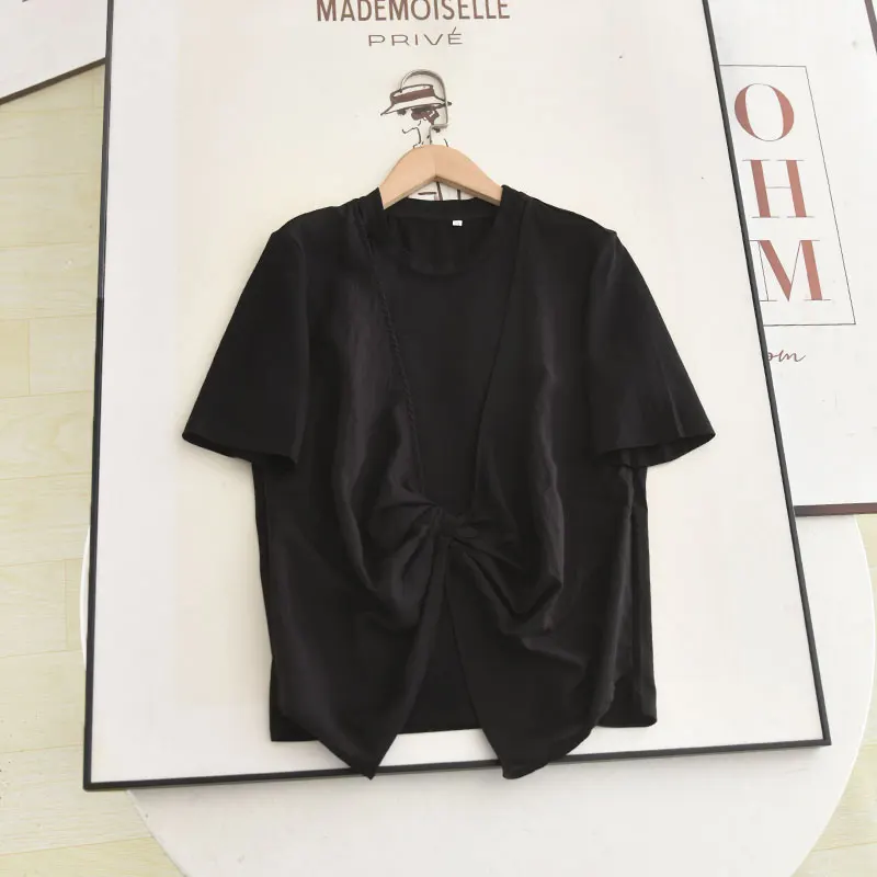 

2025 New Design Knot ort Sve round Ne T-irt Slimming Effect in Bla And White Colors Women's Faion Summer Top