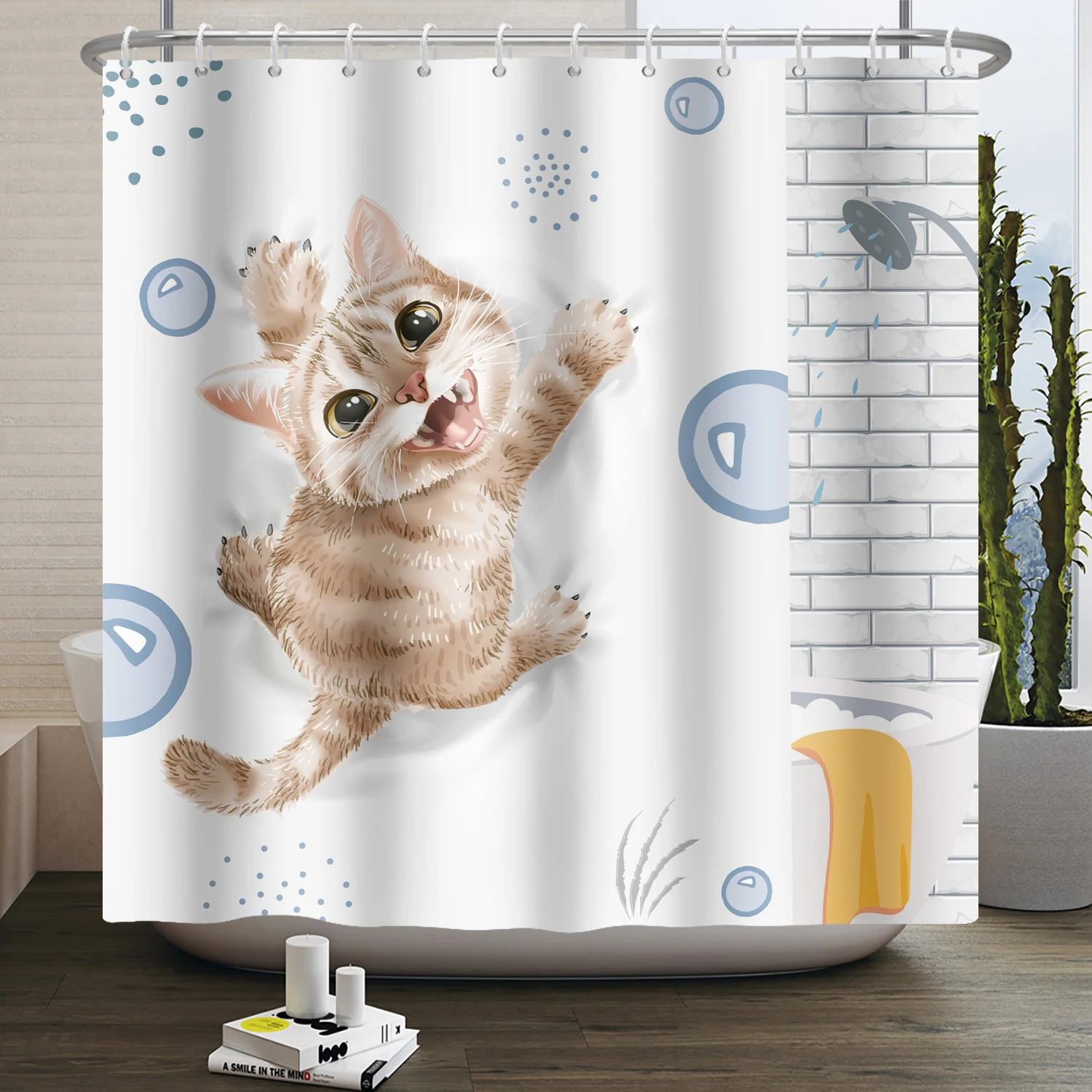 Funny Cat Shower Curtain Cartoon Cute Cats Dog Kids Shower Curtain for Bathroom Waterproof Polyester Home Decor Shower Curtains