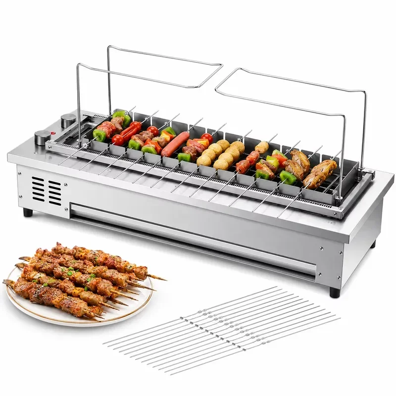 3400W Electric Mutton Skewer Machine Automatic Rotating Stainless Steel BBQ Grill 16 Skewers Smokeless Indoor Outdoor Cooking