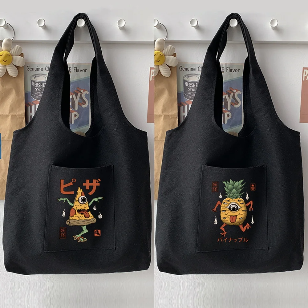 Simple Black Handbag Shoulder Bag Women's Bag Shopping Bag Cute Monster Pattern Print