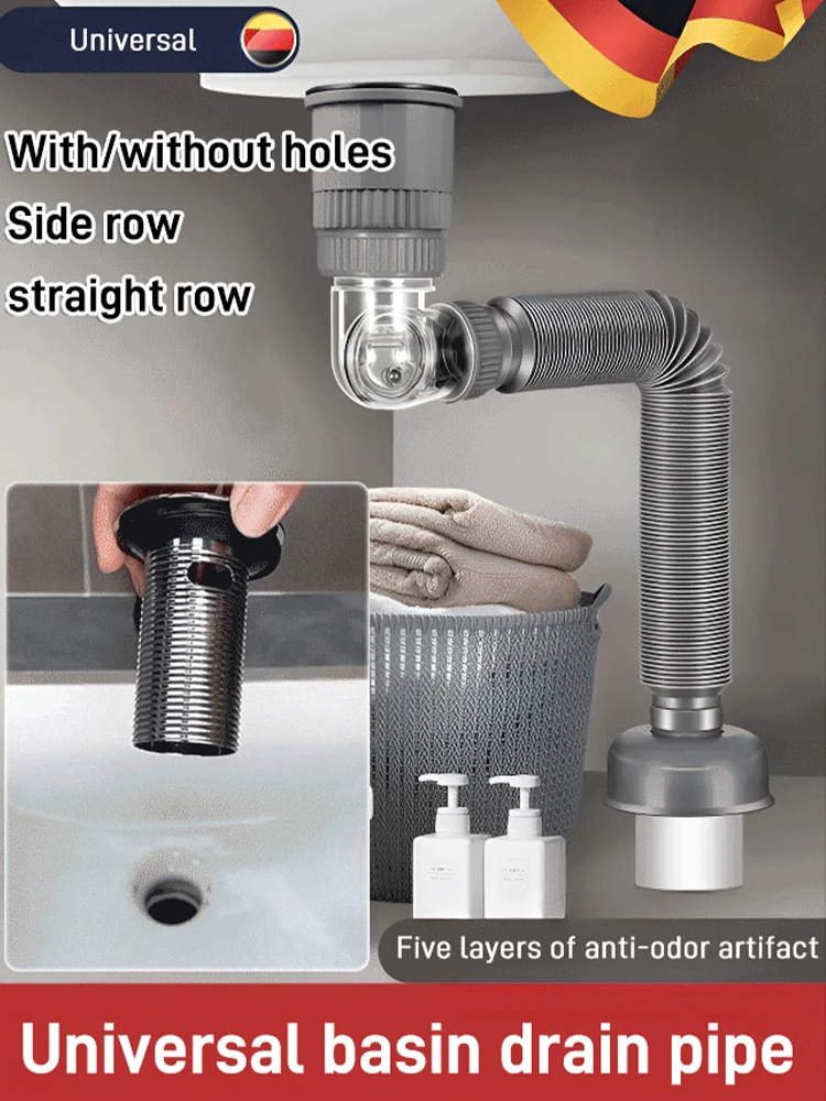 Wash Basin Drain Pipe Wash Basin Downcomer Inter-Platform Basin Deodorant Drain Pipe Set Stainless Steel Bounce Washbasin Draine