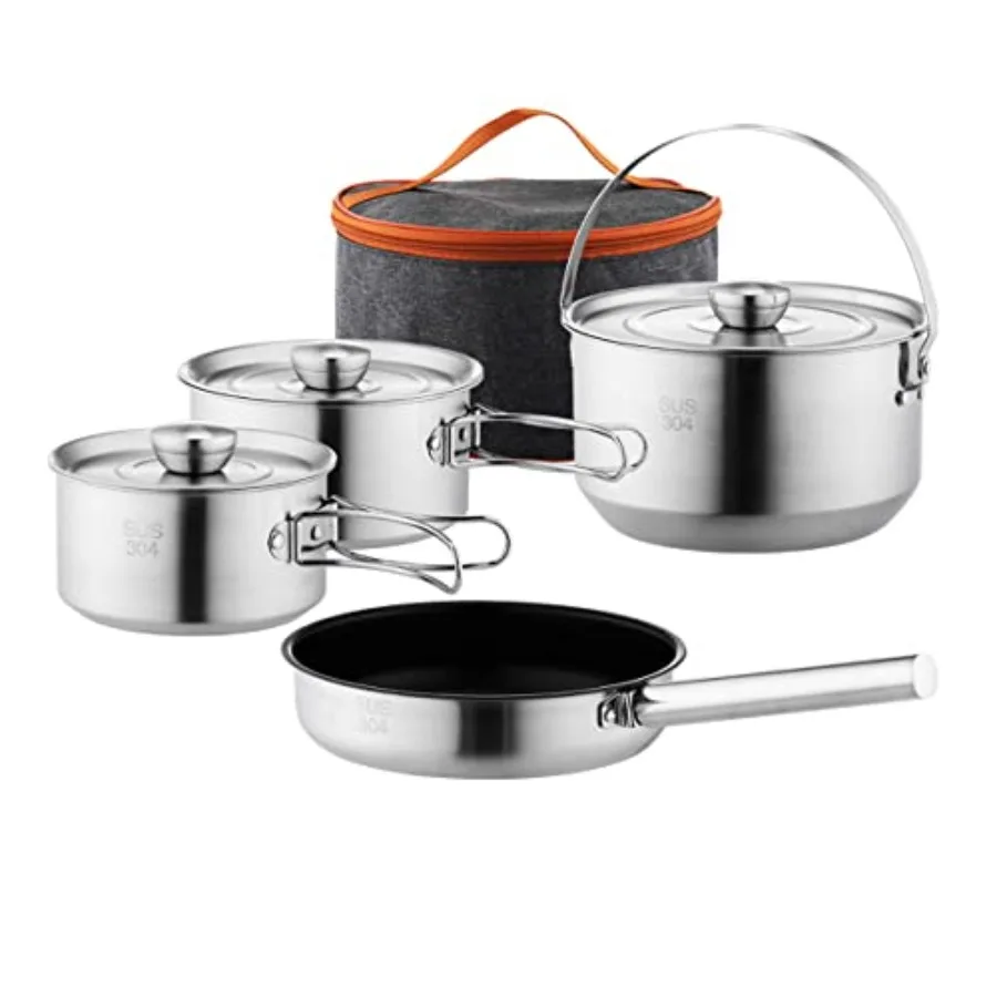 

304 Stainless Steel Camping Cookware Set for Outdoor Campfire Cooking Durable Pots and Pans with Heat-Resistant Handles Compact