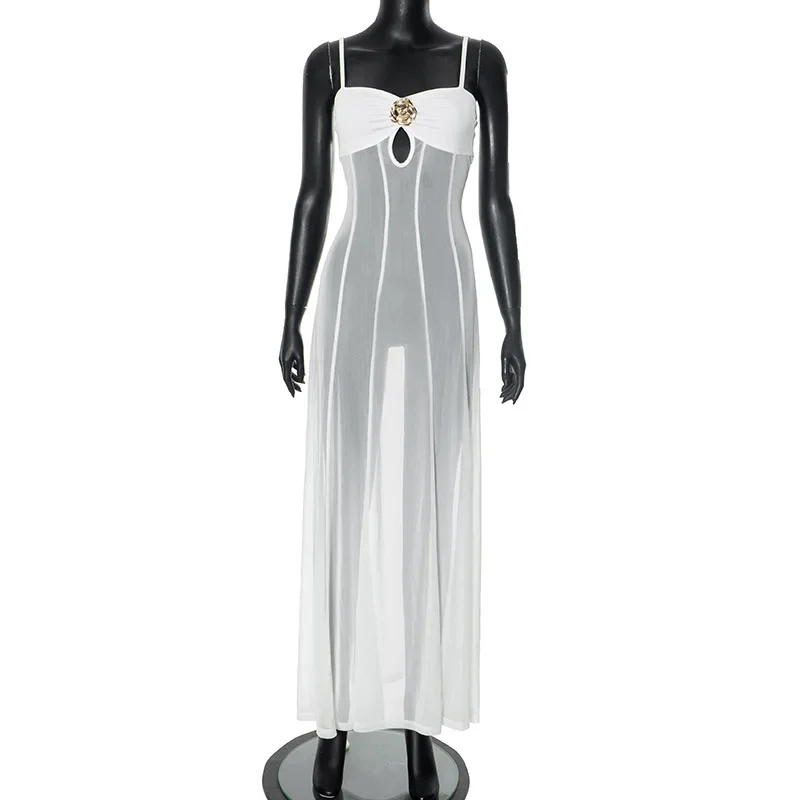 Siatkowa prześwitująca sukienka na wakacje na plaży dla kobiet Metalowa kwiatowa letnia sukienka bez rękawów bez pleców Bodycon Maxi Długie sukienki Stroje