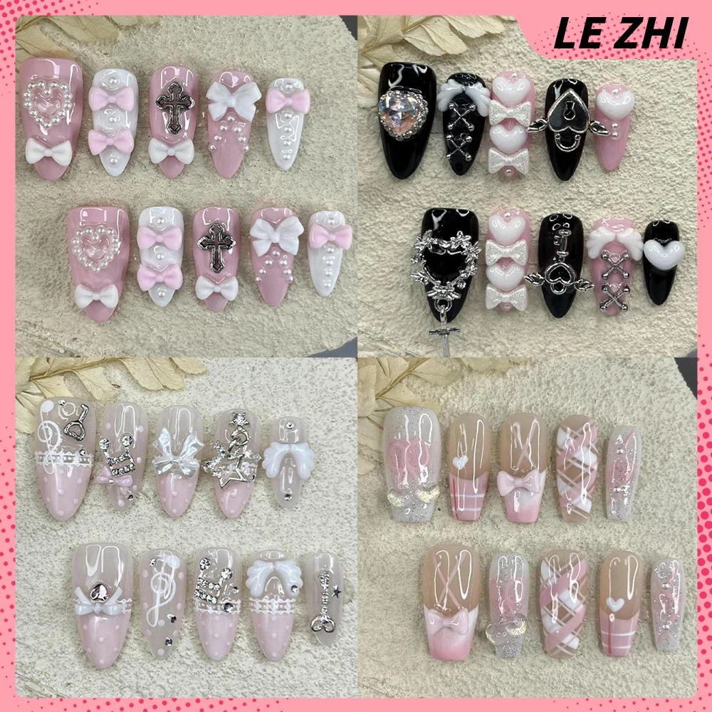 

Fashion Lovely Handmade Long Coffin Almond Press On Nails Bowknot Love Pearl Diamond Flower Stars Wings Butterfly Fake Nails