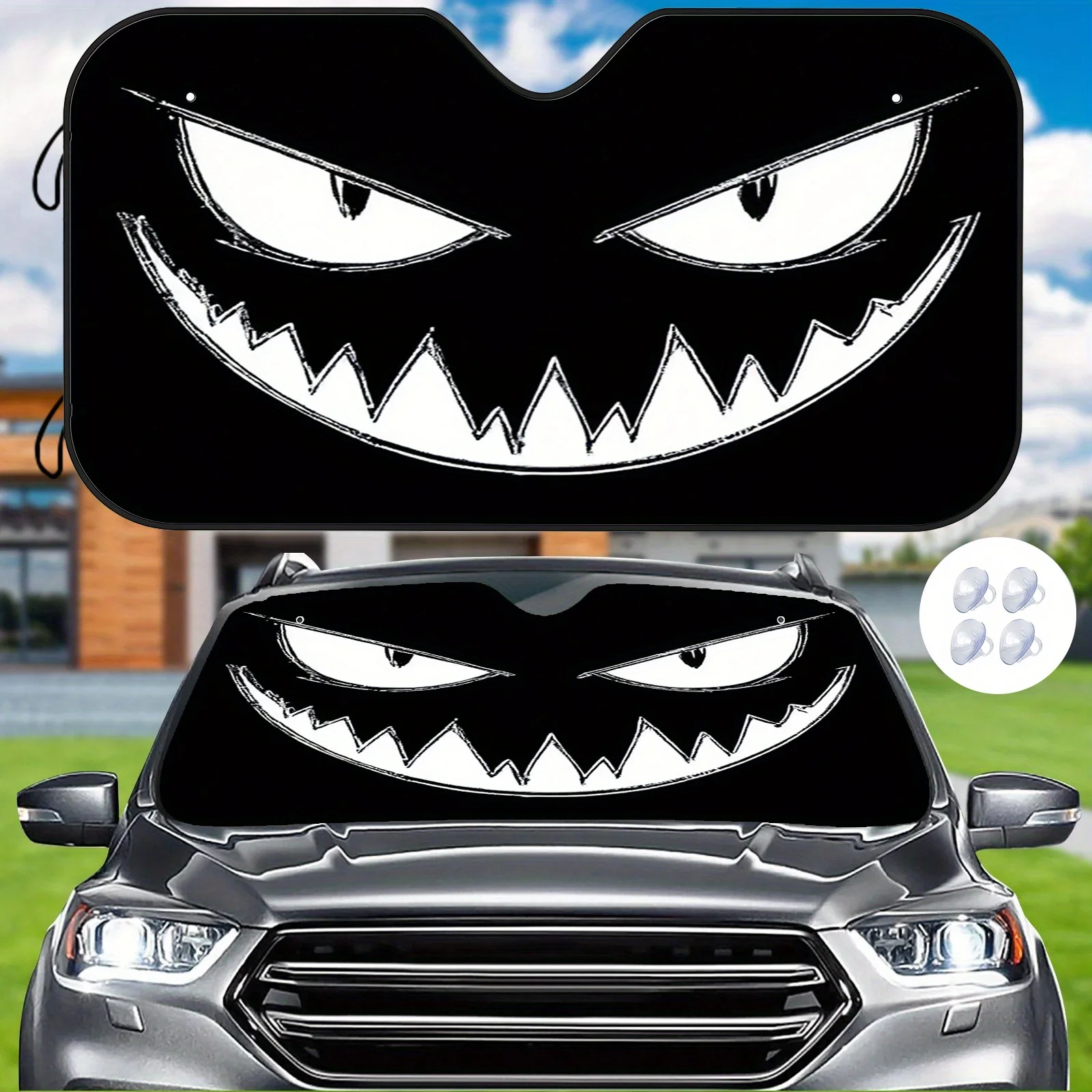 

Black And White Fangs Car Sunshade, High-Efficiency Insulation With 4 Free Suction Cups To Keep The Interior Cool